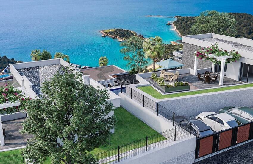 Einzel Häuser Mit Panoramablick Auf Das Meer In Bodrum, Türkei