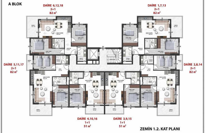 Новые Квартиры в Комплексе с Фитнесом и Сауной в Алании 45