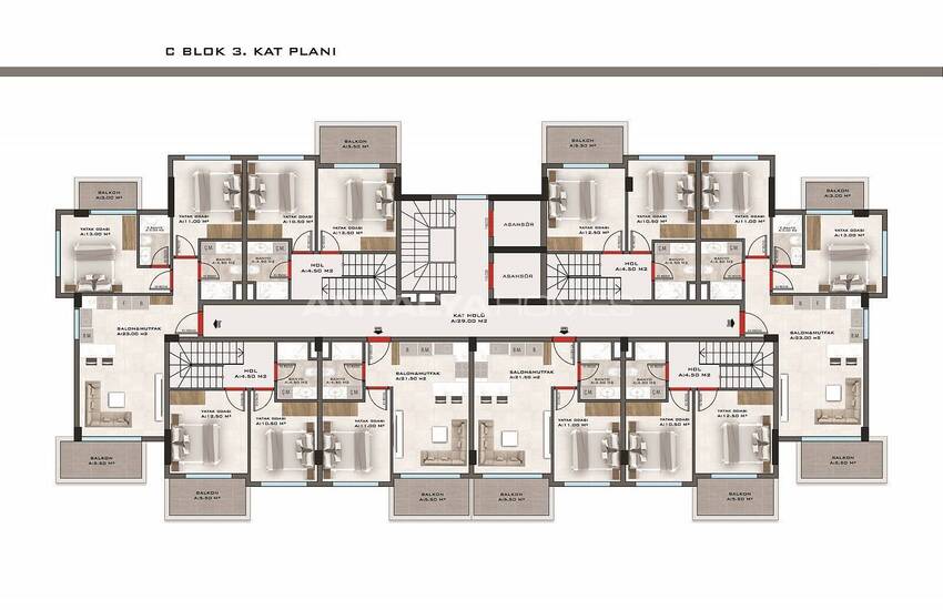 Flats in a Secure Complex with Swimming Pools in Kestel Alanya 25