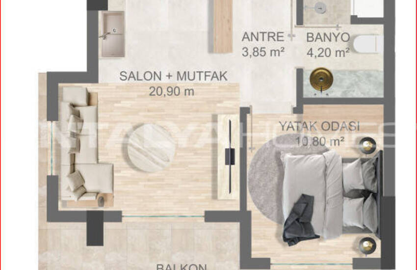 1 and 3-bedroom Flats in a Complex with Pool in Altıntaş 21