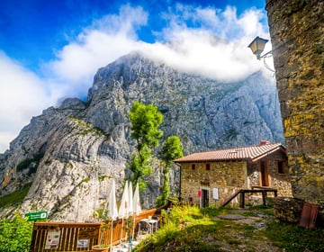 mountain, tree, stone-house, blue-sky
