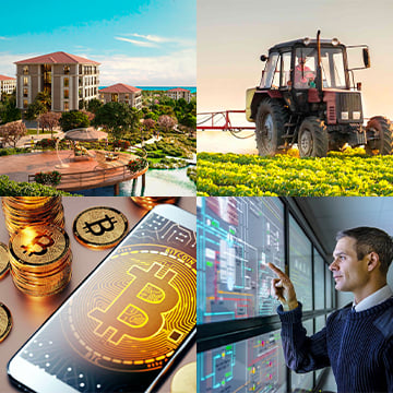 real estate, tractor spraying to field, crypto currency coins around phone, man inspecting tecnology hardware