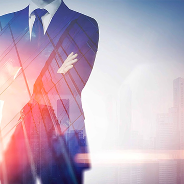 double exposure of a man with office building double exposure of a man with office building