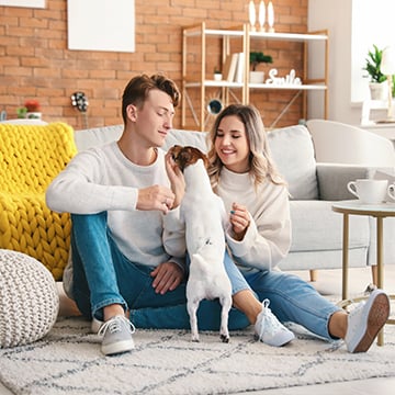 Ungt par sitter i sitt hem med en hund
