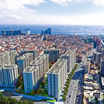 city and sea aerial view with lots of building and ships city and sea aerial view with lots of building and ships