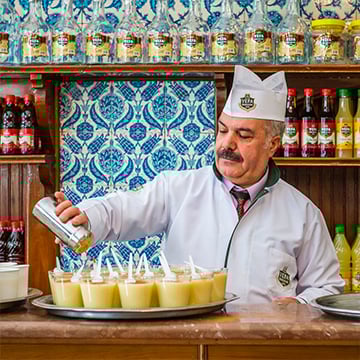a chef adding cinnamon to cups of boza a chef adding cinnamon to cups of boza