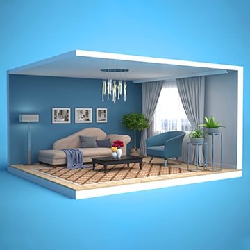 Cutout of a house living room with furnitures inside of it Cutout of a house living room with furnitures inside of it