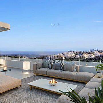 Cozy balcony with furnitures and city view in the background Cozy balcony with furnitures and city view in the background